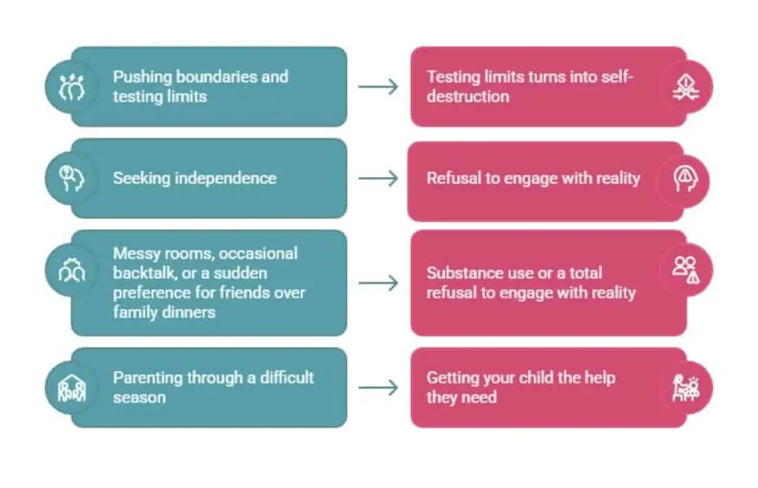 Side-by-side infographic contrasts common adolescent challenges with more serious behaviors, helping parents understand when safe teen transport and residential treatment may be appropriate during a difficult season